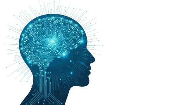 Artificial intelligence and machine learning concept. Human brain with digital circuit lines and data nodes vector illustration.
