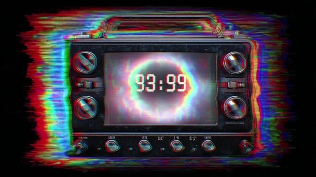 Retro Futuristic Radio with Glitch Effect and Digital Countdown Display in Vibrant Chromatic Distortion

