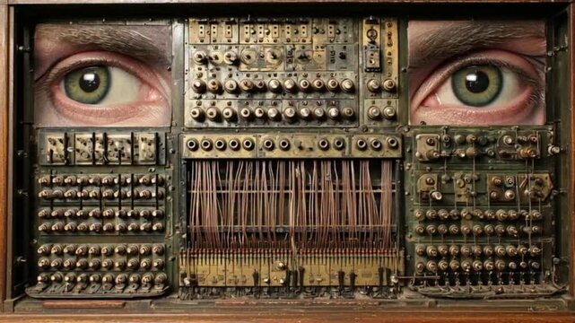 Cybernetic Vision Control Panel with Human Eyes and Vintage Wires Depicting Surreal Fusion of Man and Machine

