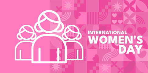 Fototapeta premium International women's day banner with female avatars and pink geometric pattern - vectro illustratiom