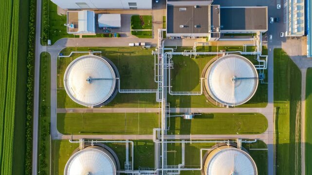 Aerial view of petrochemical storage infrastructure large dome tanks interconnected pipelines, industrial logistics for liquid commodities, energy transition and ESG context, EPC engineering themes