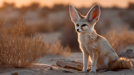 Fototapeta premium Adorable Fennec fox sits in a desert environment with oversized ears backlit by the golden sun and sand dunes in the background warm tones.