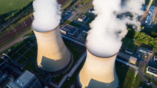 Aerial view of large nuclear power plant with cooling towers, advanced infrastructure electricity generation, thermal energy, system optimization, modernization EPC EPCM industrial energy projects