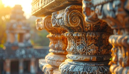 Fototapeta premium Close-up of ornate, aged stone columns with detailed carvings, bathed in warm sunlight, hints of structure in background