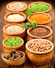 Variety of grains and legumes in rustic bowls kitchen food photography