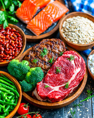 Home culinary inspiration healthy meal prep with fresh ingredients & proteins