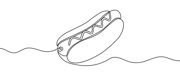 Hot dog in one line art style. Hot dog drawing with editable black stroke on white background. Vector illustration. © Viktoriia