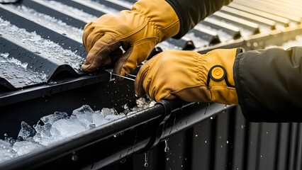 Close-up of gloved hands clearing ice from a black gutter on a roof with icicles and water droplets, winter maintenance concept.