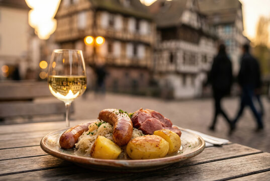 Traditional German dinner with grilled sausages, roasted potatoes, sauerkraut, and white wine in a historic European town square.