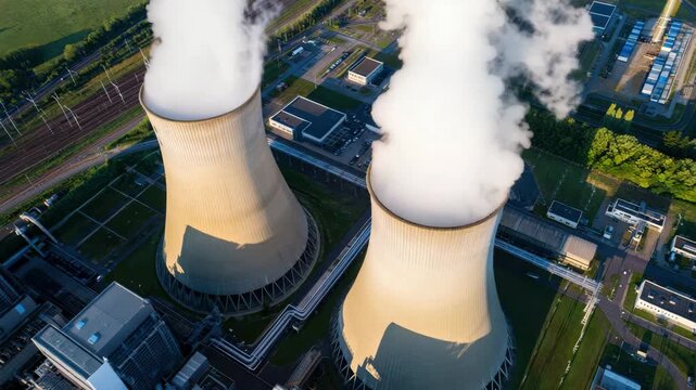 Aerial view of large cooling towers at a power generation facility heavy steam plume, utility-scale energy infrastructure, grid reliability resilience, energy transition decarbonization context, ESG