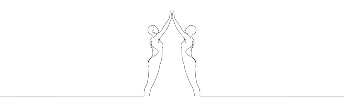 Continuous one line drawing of two people giving a high five, celebrating success or partnership