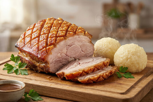 Traditional German roasted pork shoulder with crispy crackling served with potato dumplings and gravy on a wooden board.
