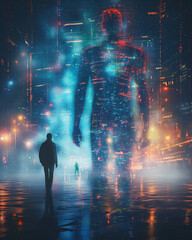 Surreal symbolic poster AI as digital twin of human