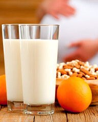 Rustic food photography refreshing almond milk & oranges for healthy living