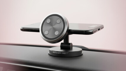 Stylish magnetic phone holder for cars featuring strong grip, modern design, ideal dashboard accessory pink background.