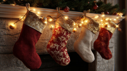 Christmas stockings hanging on a fireplace.