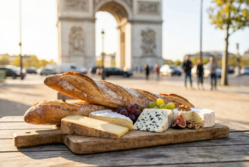 French cheese board with baguettes, grapes, and walnuts on a rustic table with the Arc de Triomphe in Paris.