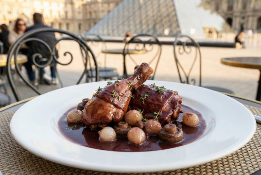 Traditional French Coq au Vin with pearl onions and mushrooms served at an outdoor cafe with the Louvre Pyramid in the background.