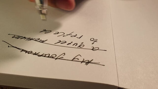 Pen crossing out written diary notes on paper, expressing revision, reflection, emotional editing, mistakes, or changing thoughts during a personal journaling process.