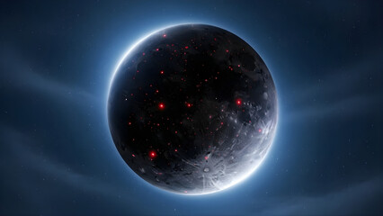 Cinematic Dark Moon with Glowing Red Volcanic Spots and Blue Atmospheric Glow in Deep Space