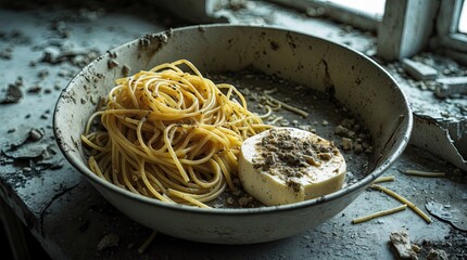 Documentary macro photo of spoiled spaghetti and moldy cheese in a dirty bowl on an abandoned table