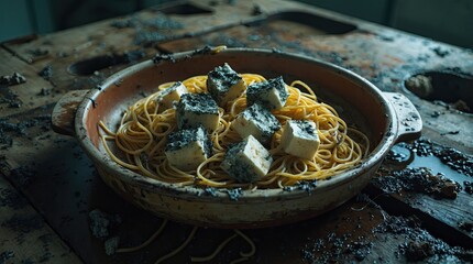 Documentary macro photo of spoiled spaghetti and moldy cheese in a dirty bowl on an abandoned table