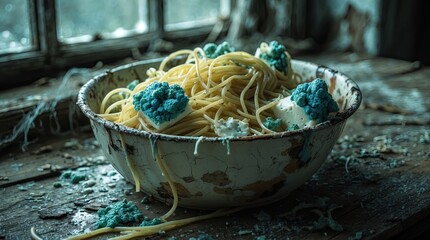 Documentary macro photo of spoiled spaghetti and moldy cheese in a dirty bowl on an abandoned table