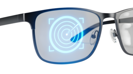 Close up of smart glasses with blue target display isolated on transparent background