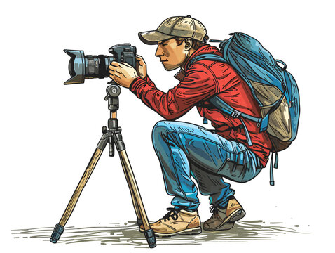 isolate white background, Photographing with a Camera - Holding a camera and taking a photo with a smile., drawings in colure pencil easy, very simple and isolate in the style of animated illustration