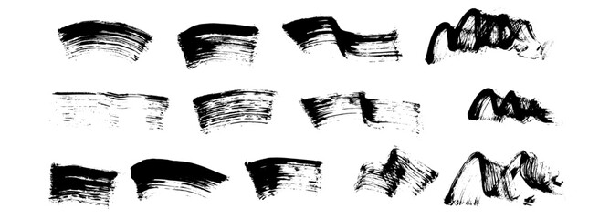 Brush stroke mascara set isolated. Black paint ink texture dramatic mascara-like smudge effect for cosmetic branding and makeup product design with artistic brush appeal. Vector rough smear emphasis.