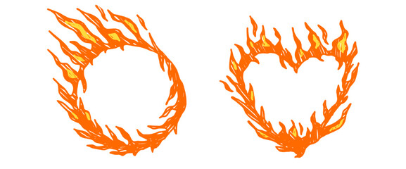 Pastel brush fireball and burning heart elements. Vector crayon texture flames frames set. Doodle text boxes icons. Stickers for collage projects. Simple grill spice shapes. Vector punk rock element.