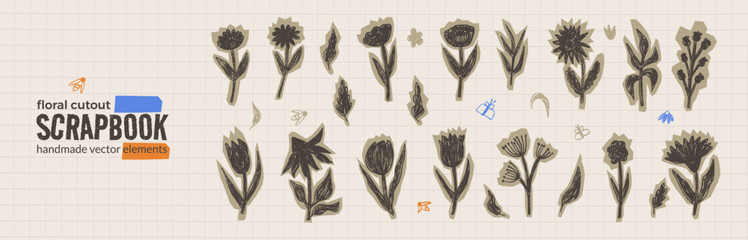 Scrapbook naive paper cutout flowers. Crayon pencil black doodle floral on beige pieces of paper. Set of scrap shape crayon floral retro textures. Vector retro collage illustration on grid background.