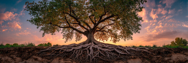 Large tree with strong roots exposed above ground. Golden sunset sky with clouds provides warm light. Lush green leaves on branches spread wide. Ground shows dark soil