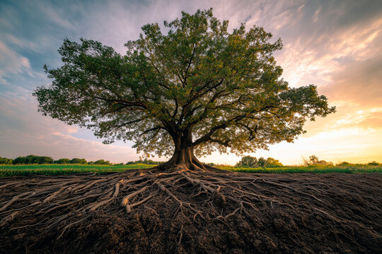 Large tree with strong roots exposed above ground. Golden sunset sky with clouds provides warm light. Lush green leaves on branches spread wide. Ground shows dark soil