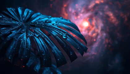 Dark blue Monstera leaf with water drops against cosmic bokeh background