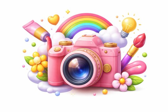 Pink camera surrounded by vibrant art supplies, a rainbow, and creative elements.