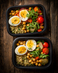 Healthy meal prep rustic quinoa and veggies in top-down kitchen photography