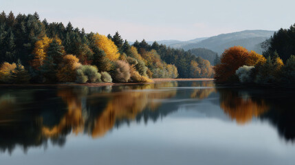 Obraz premium Scenic lake surrounded by vibrant fall foliage.