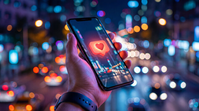 Hand holds smartphone with heart alert. Neon city bokeh behind smartphone, smartphone engagement concept for Valentines Day promo, dating app message, social media like, nightlife mood, copy space