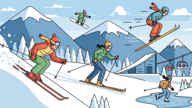 Winter sports scene with skiers and snowboarders on snowy mountains flat vector illustration for active lifestyle and vacatio