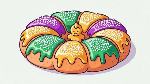 Traditional King Cake with colorful icing and a baby figurine Mardi Gras celebration food isolated on white background