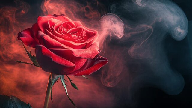 red rose in drifting smoke, macro close-up of textured petals dusted with dewdrops and fine particles, swirling crimson mist forms moody cinematic backdrop,
