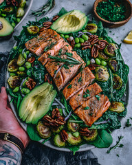 Grilled salmon salad recipe tasty indoor food photography overhead view