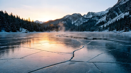 Frozen lake at sunrise with snow-capped mountains and mist