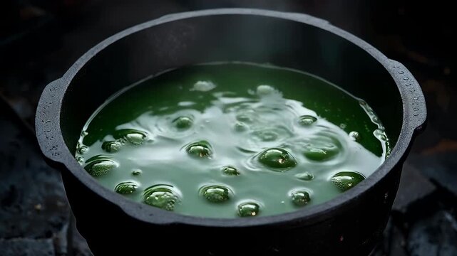 Magic potion boiling in a cauldron with steam rising. Halloween witchcraft concept.
