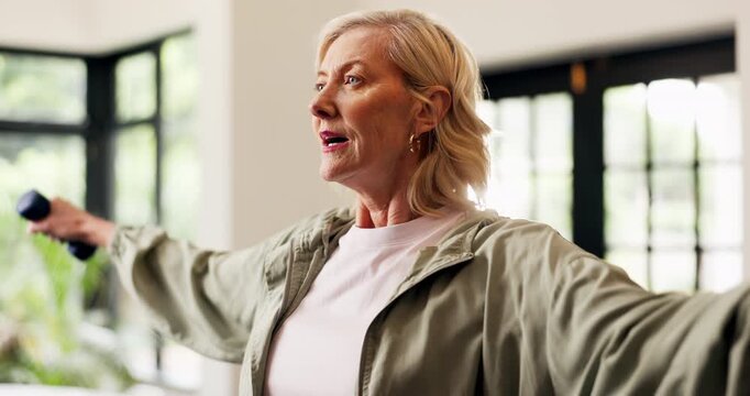Dumbbells, fitness and thinking with senior woman in living room of home for training or workout. Exercise, vision and weightlifting with old person in apartment for health or wellness routine