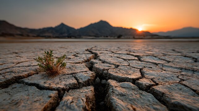 Drought concept landscape shows cracked dry earth texture with a small struggling green sprout and sunset over barren mountains in distance.