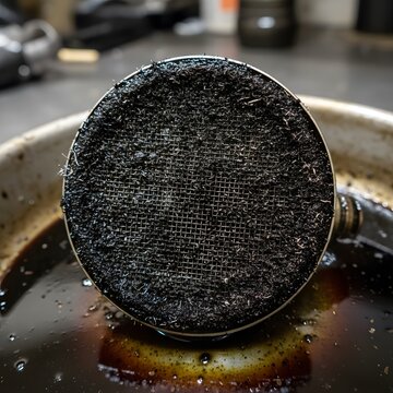 Clogged metal mesh filter full of black grime and debris from dirty engine oil in a workshop setting.