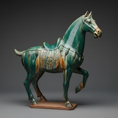 Fototapeta premium Ancient Chinese Tang Dynasty Style Green Glazed Ceramic Horse Sculpture with Saddle and Bridle