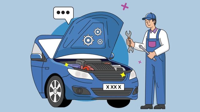 This illustration shows a professional car mechanic performing vehicle maintenance with the hood open A blue modern car is being inspected while the mechanic holds tools